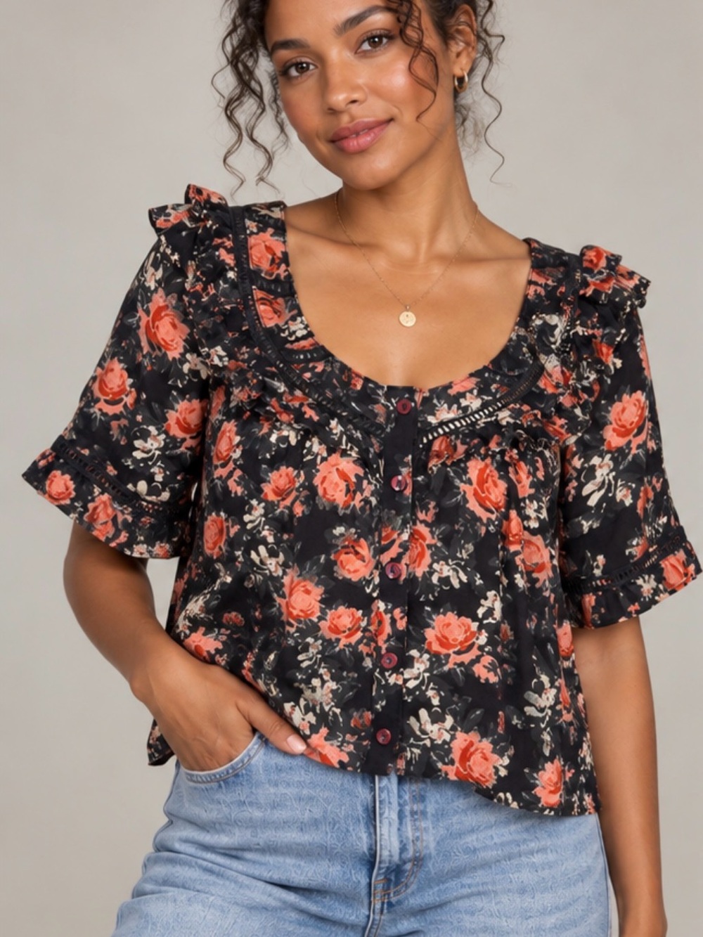 Free People Floral Ruffle Button Front Blouse Size M